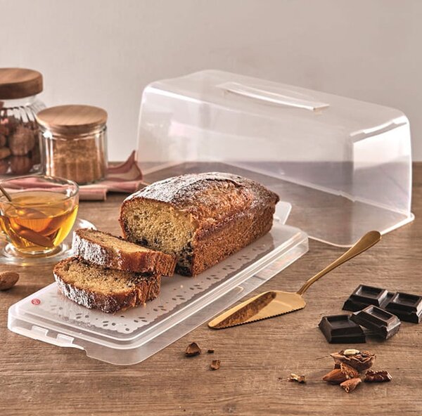 Box na koláč obdélníkový 34x14 cm přenosný průhledný