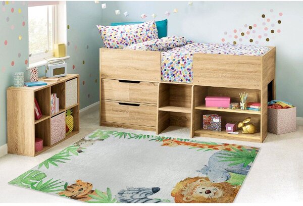 Makro Abra Dětský kusový koberec vhodný k praní BAMBINO 54090 Hroch Lev Žirafa Opička bílý zelený Rozměr: 80x150 cm
