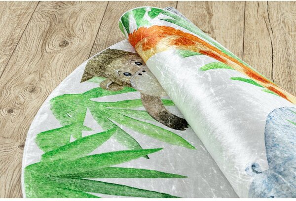 Makro Abra Kulatý dětský koberec vhodný k praní BAMBINO 54090 Hroch Lev Žirafa Opička bílý zelený Rozměr: průměr 80 cm