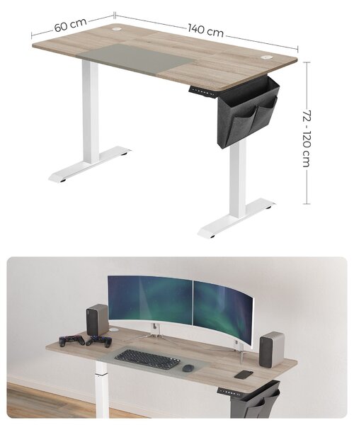 SONGMICS Polohovací stůl elektrický 140 x 60 cm bílý šedý