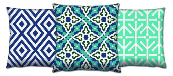 Hanah Home Sada vzorovaných polštářů VAPO 3 ks 43x43 cm tyrkysová/modrá/bílá