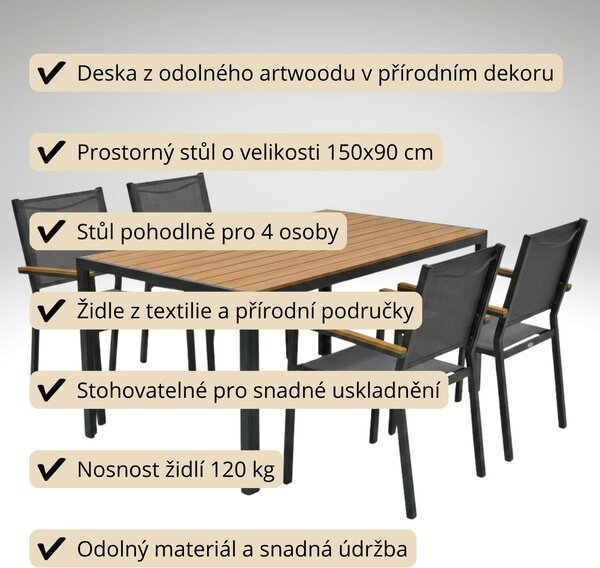 Vikio Zahradní jídelní set 150x90 pro 4 osoby AZS155P-4 přírodní