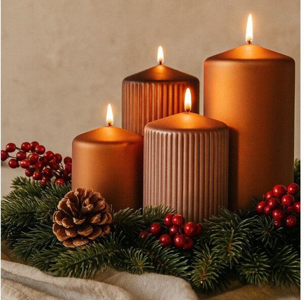 EMOCIO Adventní svíčky – hladké a rýhované (sada 4 ks), průměr 65 mm | Hnědá matná metalická