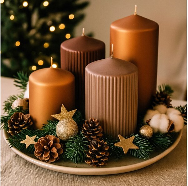 EMOCIO Adventní svíčky – hladké a rýhované (sada 4 ks), průměr 65 mm | Hnědá matná metalická