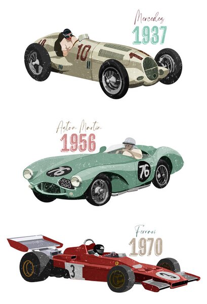 Ilustrace Vintage Racecars, Goed Blauw, (30 x 40 cm)