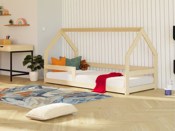 Nízká postel domeček SAFE 8v1 ze dřeva se zábranou - Nelakovaná, 90x160 cm, S jednou zábranou