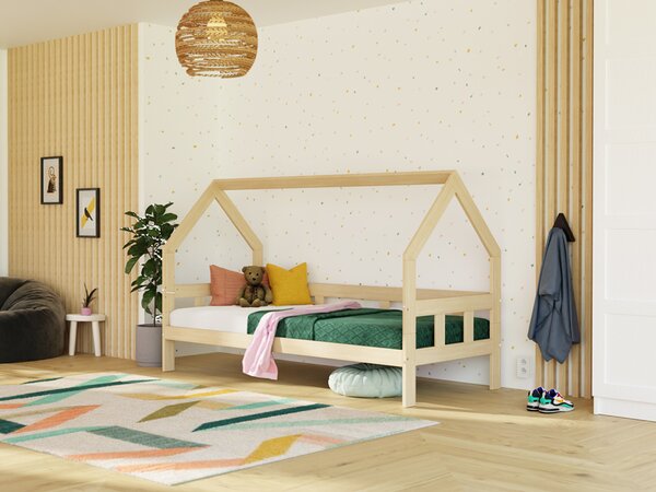 Dětská postel domeček FENCE 2v1 ze dřeva se zábranou - Světle modrá, 90x160 cm, S otevřeným vstupem