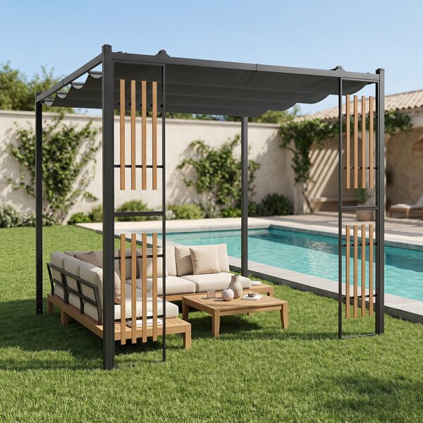 COSTWAY Pergola, 2,3 x 2,3 m, krytá terasa, vodotěsná, stabilní, vhodná i pro zimu, altán s clony a nastavitelnou střechou, ochrana proti slunci