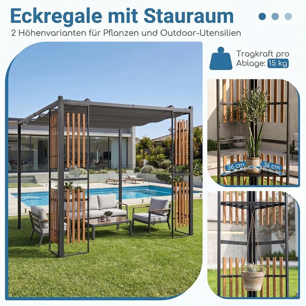 COSTWAY Pergola, 2,3 x 2,3 m, krytá terasa, vodotěsná, stabilní, vhodná i pro zimu, altán s clony a nastavitelnou střechou, ochrana proti slunci