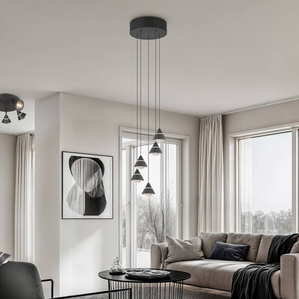 Trio Lighting Závěsné světlo LED Romeo, Ø 28 cm, černá, kov, 5 ramen, Černá, Obývací pokoj / jídelna, kov, Moderní