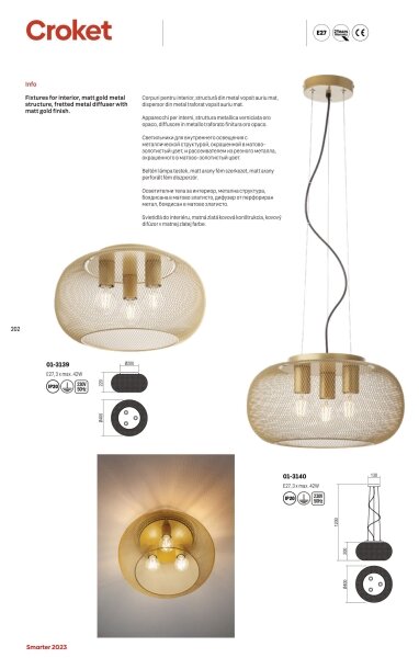 Redo 01-3139 - Stropní svítidlo CROKET 3xE27/42W/230V pr. 40 cm zlatá