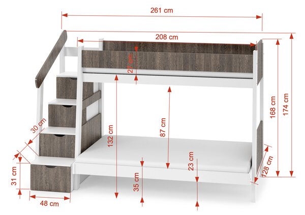 Multifunkční patrová postel 90/120x200 VEKRA - bílá / dub baltic dune, levé provedení