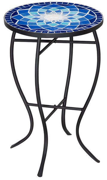 Zaoblený zahradní stůl Outsunny s keramickým mozaikovým topem, kovový rám, Ø35.5x53.5cm, modrý a bílý | Aosom
