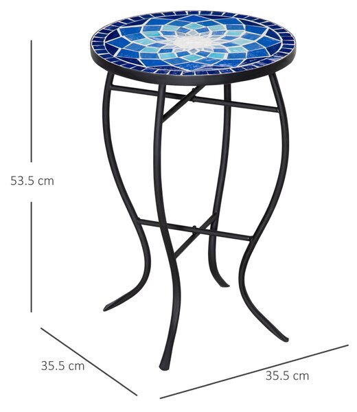 Zaoblený zahradní stůl Outsunny s keramickým mozaikovým topem, kovový rám, Ø35.5x53.5cm, modrý a bílý | Aosom