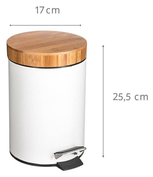 Koupelnový koš, odpadkový koš, koš s bambusovým krytem - barva bílá, 3 l
