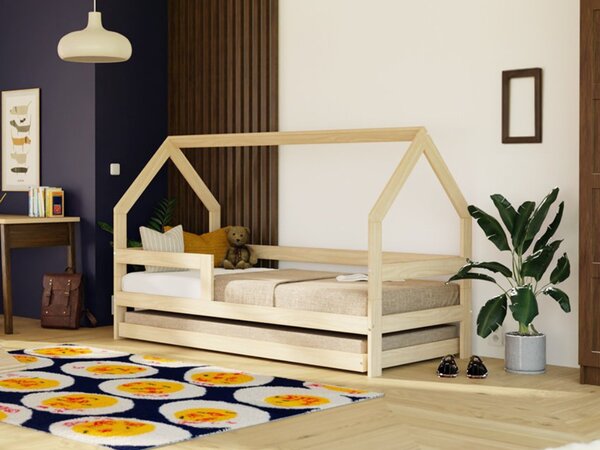 Dětská dřevěná postel domeček SAFE 3v1 se zábranou a přistýlkou - Nelakovaná, 90x180 cm, S jednou zábranou