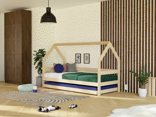 Dětská dřevěná postel domeček SAFE 3v1 se zábranou a přistýlkou - Nelakovaná, 90x180 cm, S otevřeným vstupem