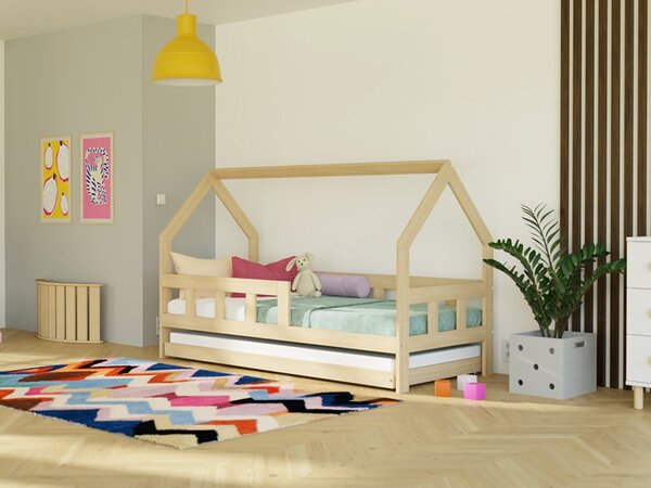 Dětská postel domeček FENCE 2v1 ze dřeva se zábranou a přistýlkou - Nelakovaná, 90x160 cm, S jednou zábranou