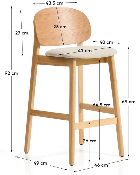 Kave Home Dubová barová židle Ludara s čalouněným sedákem 69 cm