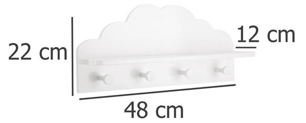 Bílá dětská polička CLOUD, 4 háčky, 48 x 22 x 12 cm