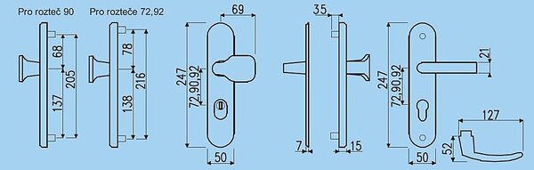 Bezpečnostní kování RICHTER R101ZA.TB3 (F1), R.111.ZA.72.F1.TB3, klika-klika, Otvor na cylindrickou vložku PZ, RICHTER F1 (přírodní elox), 72 mm