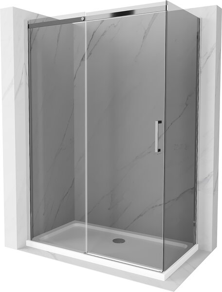 Mexen Omega, sprchový kout s posuvnými dveřmi 140 (dveře) x 80 (stěna) cm, 8mm šedé sklo, chromový profil + slim sprchová vanička bílá + chromový sifon, 825-140-080-01-40-4010