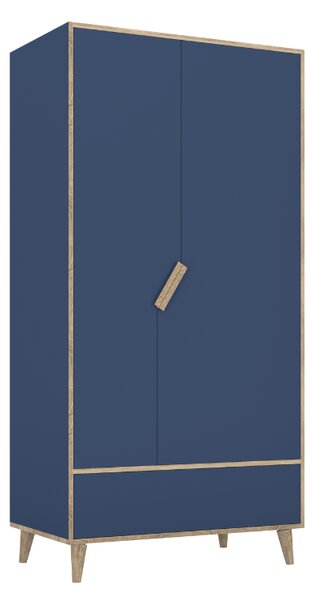 Dřevěná šatní skříň se šuplíkem, tyčemi a policemi TUTU modrá, dub sonoma