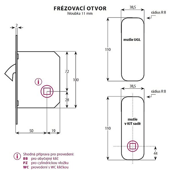 Mušle pro posuvné dveře TWIN KIT sada Quatro BB (XR, XR-S, XR-I, XR-T, CH-SAT, CH), CH-SAT chrom matný, BB otvor na obyčejný (dózický) klíč, Twin CH-SAT (chrom matný)