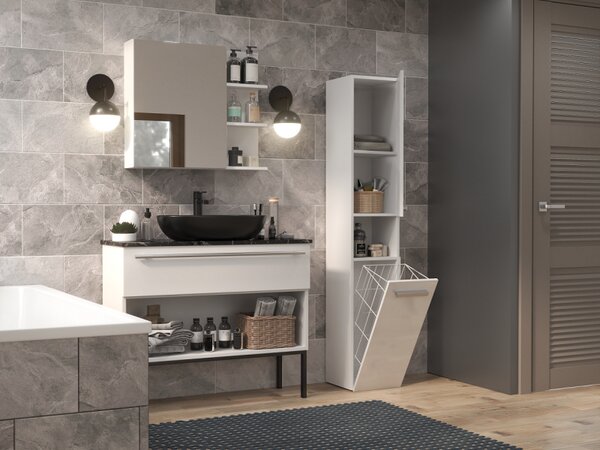 Úzká skříňka do koupelny s košem ATSO - matná bílá