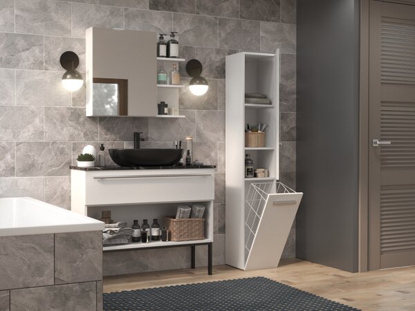 Vysoká skříňka do koupelny s košem ATSO - matná bílá