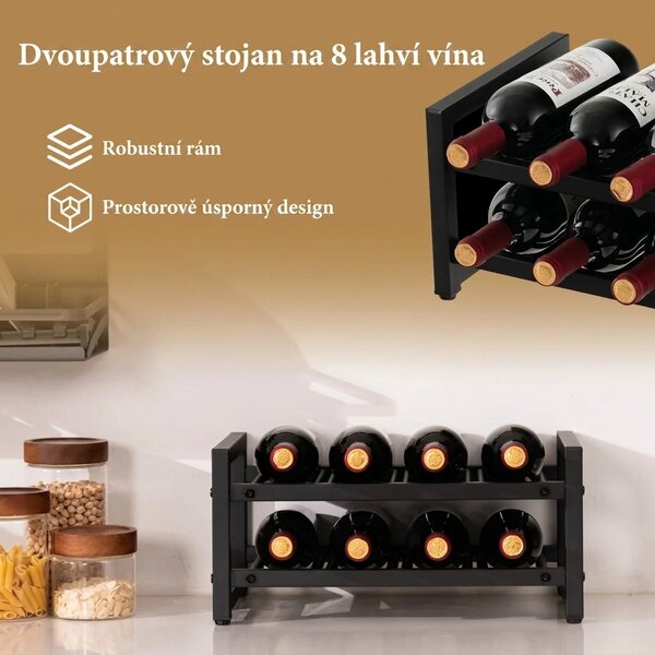 Stojan na víno 2-patrový na 8 lahví, černý JV10899