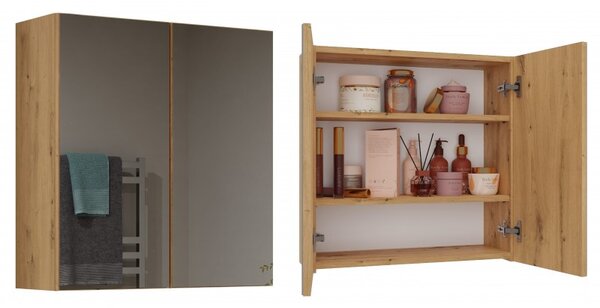 Koupelnová horní dvoudveřová skříňka se zrcadlem MARGO - dub artisan