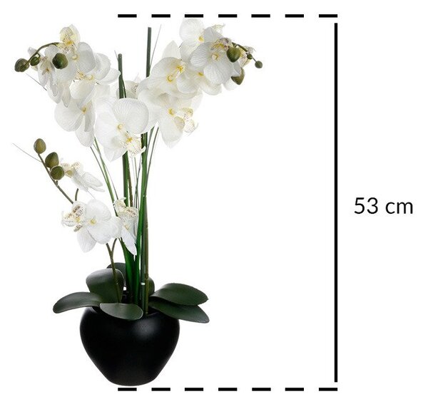 Umělá orchidej v černém květináči, bílá orchidej, výš, 53 cm