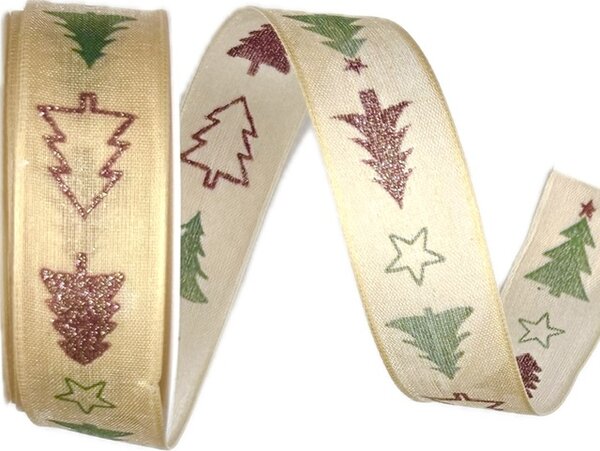 Stuha vánoční TWINTREE SPARKLE CREAM krémová 25mm x 3m (10,-Kč/m)