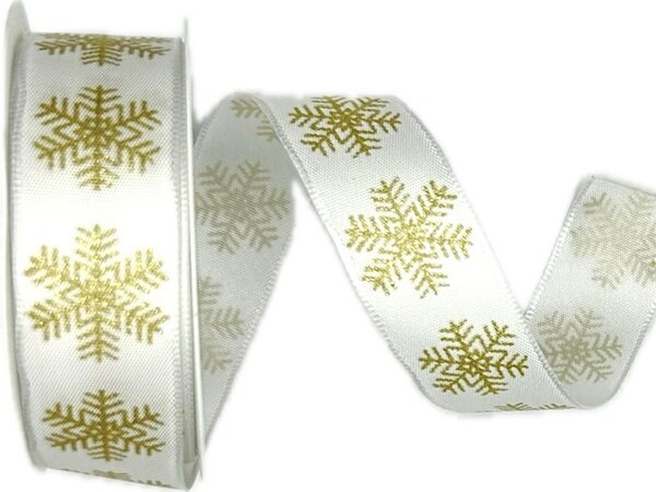 Stuha vánoční WINTER GOLD FLAKES WHITE bílá 25mm x 3m (10,-Kč/m)
