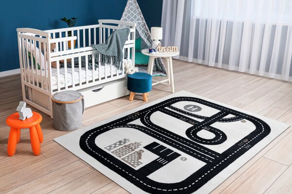 Dywany Łuszczów, Dětský kusový koberec Fun Track cream, 80x150, černobílá, dětský pokoj