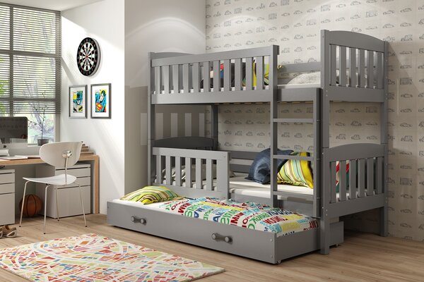 Dětská patrová postel Karla - 3 osoby, 90x200 s výsuvnou přistýlkou – Grafitová, Grafit