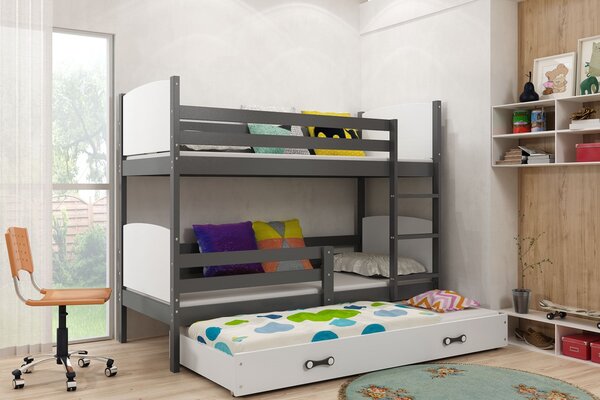 Dětská patrová postel Evžen - 3 osoby, 80x190 s výsuvnou přistýlkou – Grafitová, Bílá