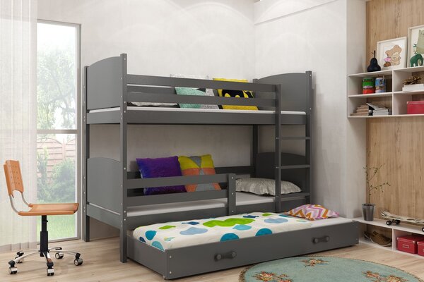 Dětská patrová postel Evžen - 3 osoby, 80x160 s výsuvnou přistýlkou – Grafitová, Grafit