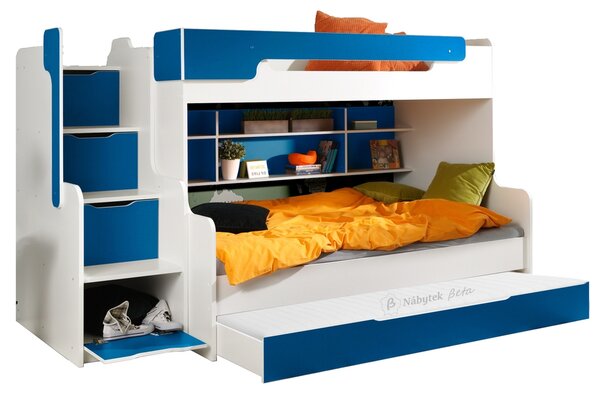 Patrová postel HARRY pro 3 osoby s přistýlkou (Modrá)