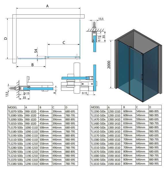 Polysan Sapho, THRON LINE SQUARE obdélníkový sprchový kout 1000x700mm, hranaté pojezdy