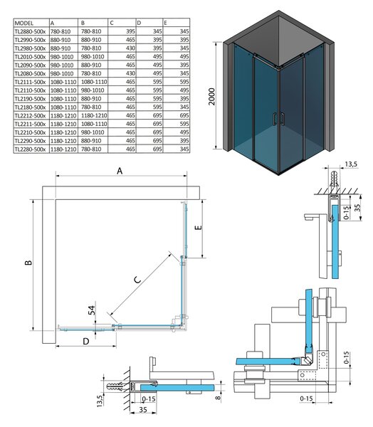 Polysan Sapho, THRON LINE SQUARE čtvercový sprchový kout 800x800mm, hranaté pojezdy, rohový vstup