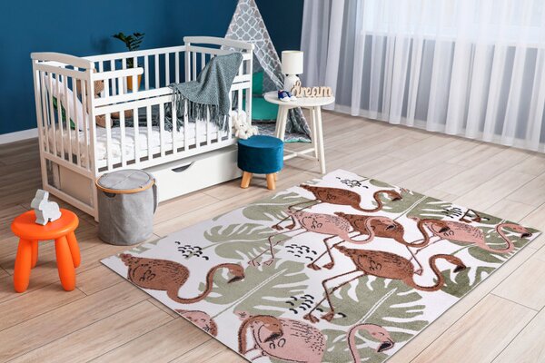 Dywany Łuszczów, Dětský kusový koberec Fun Flami Flamingos cream, 80x150, vícebarevná, dětský pokoj