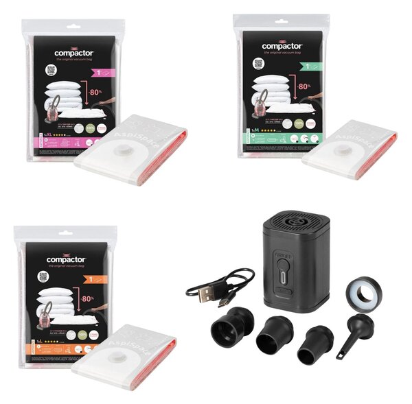 COMPACTOR Vakuovací set s elektrickou pumpou + 6ks vakuových pytlů Aspispace 2x (M, L, XL)