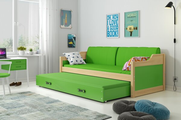 Dětská postel Josef - 2 osoby, 80x190 s výsuvnou přistýlkou – Borovice, Zelená