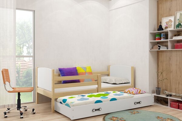 Dětská postel Evžen - 2 osoby, 80x190 s výsuvnou přistýlkou – Borovice, Bílá
