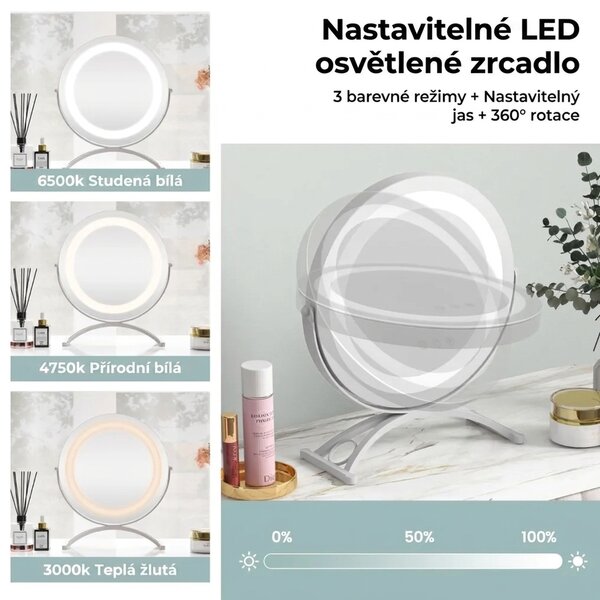 Kosmetické zrcadlo s LED osvětlením, stmívatelné, bílé, průměr 30 cm HU10611DE-WH