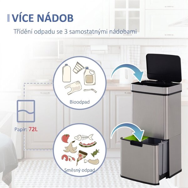 Bezdotykový odpadkový koš na tříděný odpad se 3 komorami, 72 l 851-018
