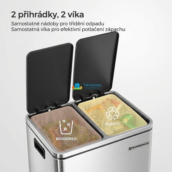 Dvojitý odpadkový koš na tříděný odpad 2x15 l, stříbrný LTB030EB02
