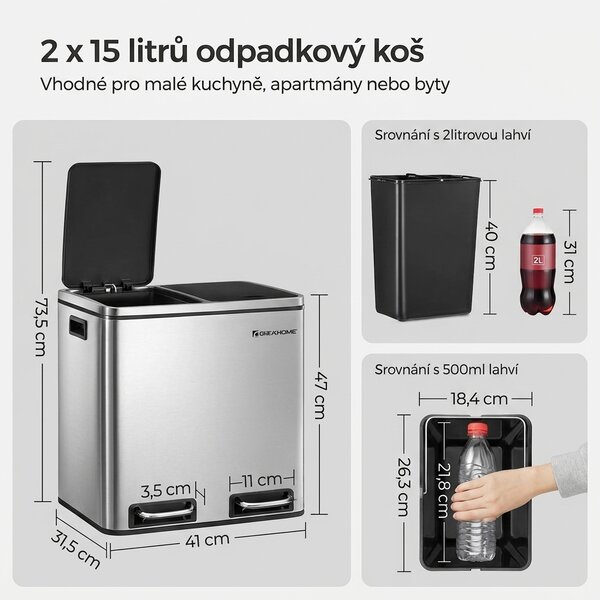 Dvojitý odpadkový koš na tříděný odpad 2x15 l, stříbrný LTB030EB02